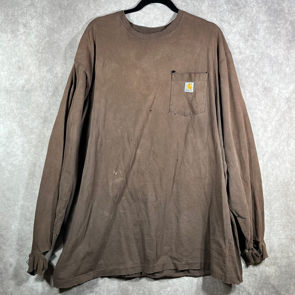 Carhartt Shirt Mens 2XLT Dark Brown Loose Fit Heavyweight Distressed Casual Work